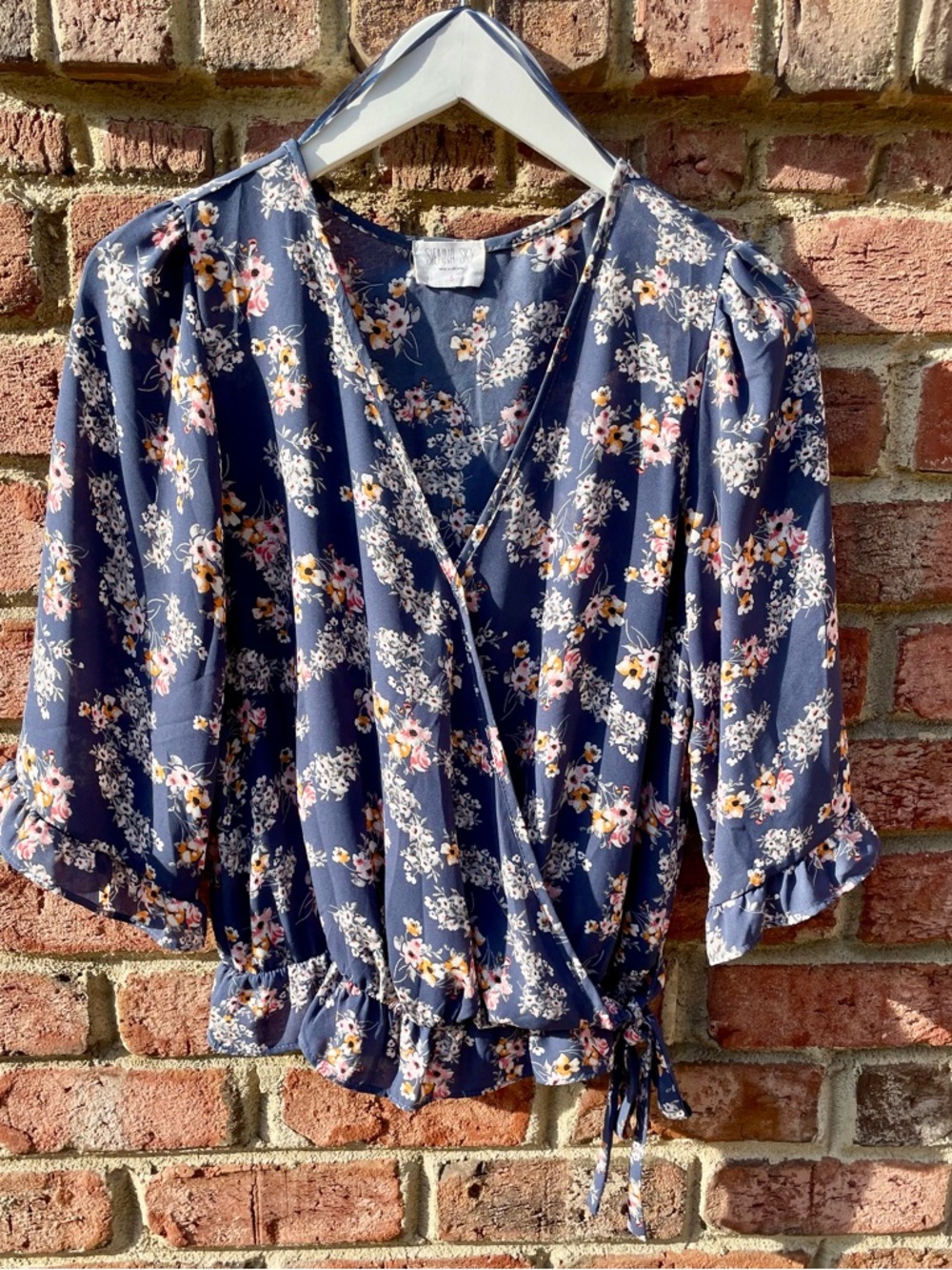Sienna Sky Blue Floral V-Neck Wrap Top with Puff Sleeves